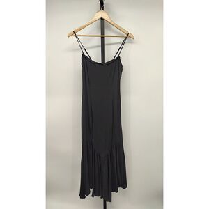 Quince Lightweight Crepe Pleated Hem Midi Dress TRUE Black Basic Sleeved S